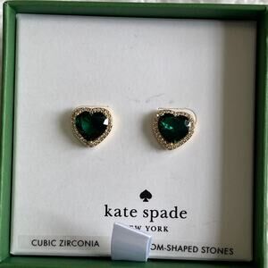 Kate Spade New York Green Heart Stud Earrings Gold Tone Cubic Zirconia NEW